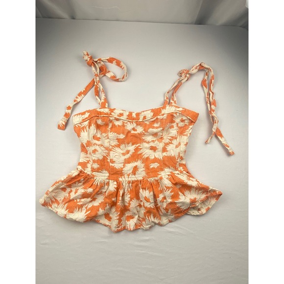 Olivaceous Tops - OLIVACEOUS Orange‎ White Floral Peplum Tie Strap Tank Top Blouse Size S